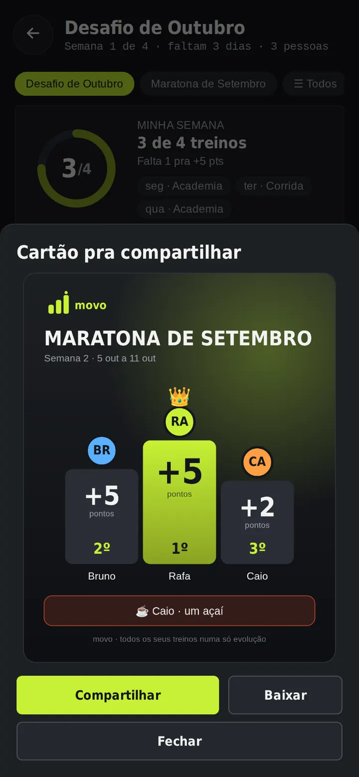 Cartão de compartilhamento do desafio do Movo para postar nos stories.