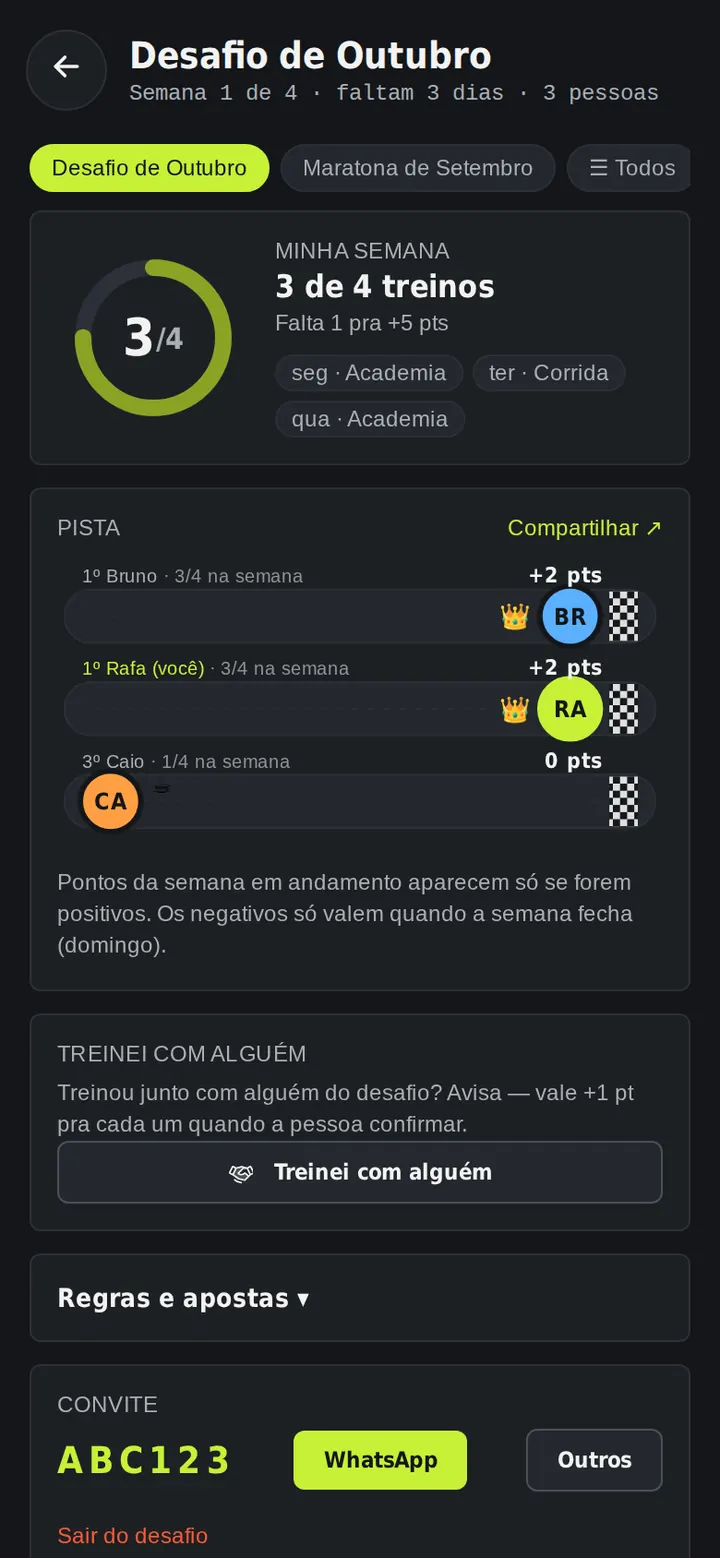 Placar de um desafio entre amigos no Movo, com ranking semanal e pista animada.