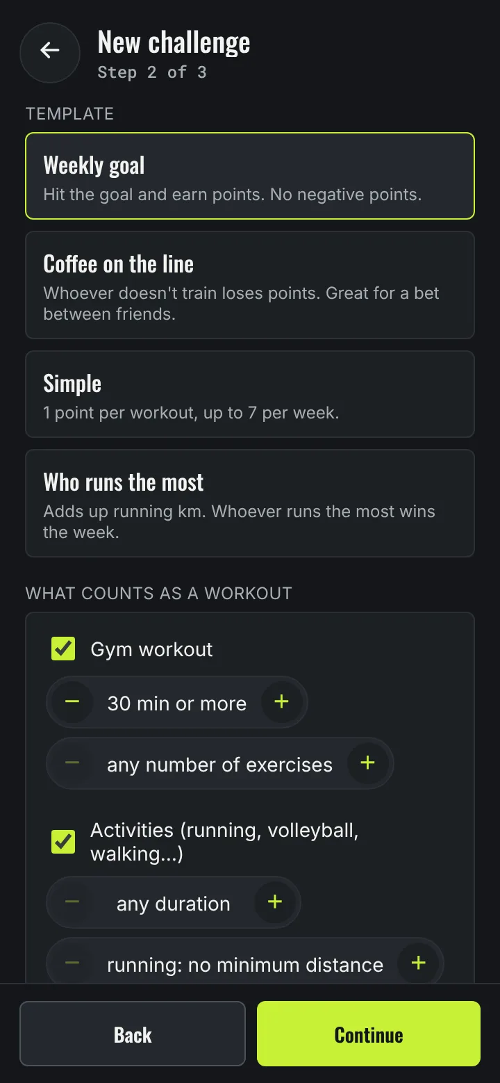 Creating a challenge in Movo: weekly goal, coffee on the line, simple points or who runs the most.