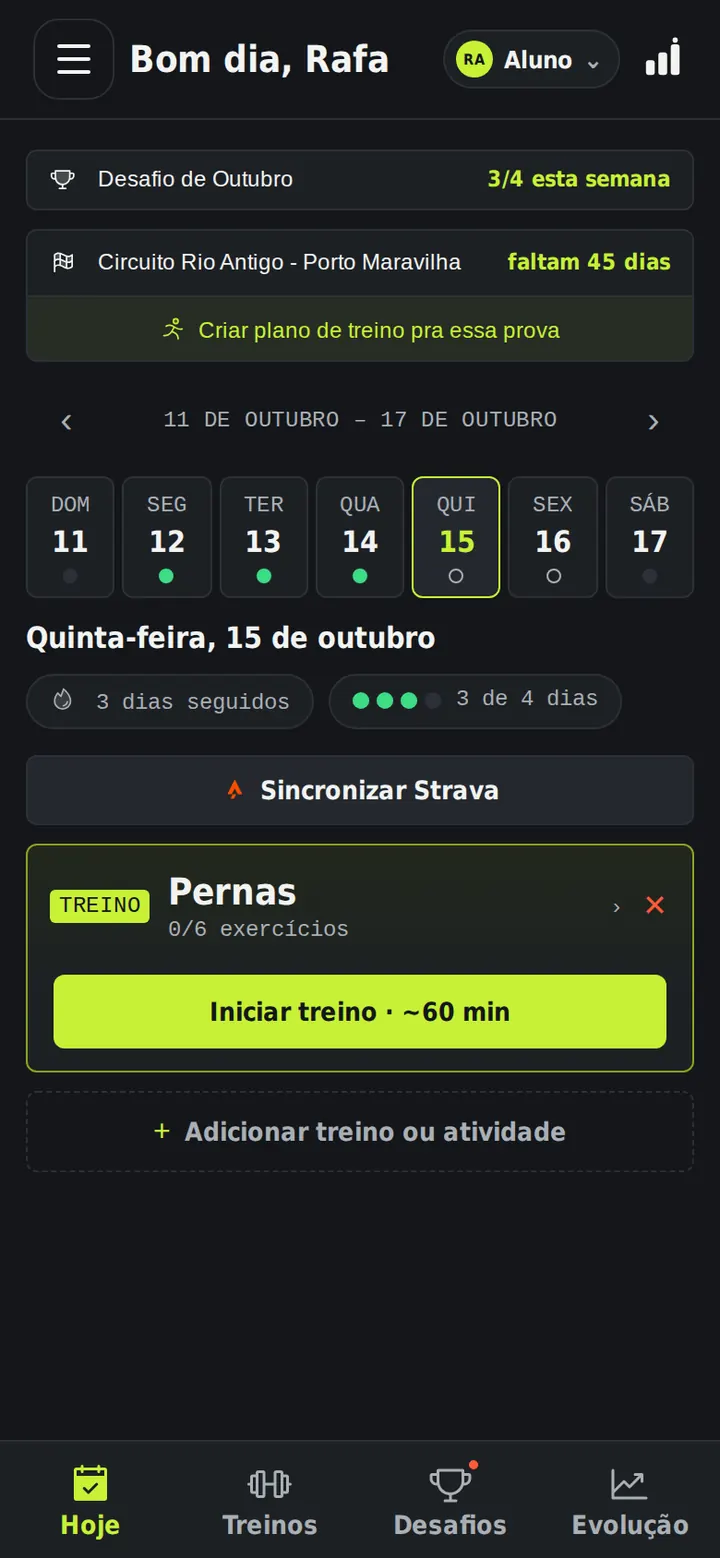 Tela inicial do Movo mostrando o treino do dia, a contagem regressiva de uma prova e o desafio da semana.