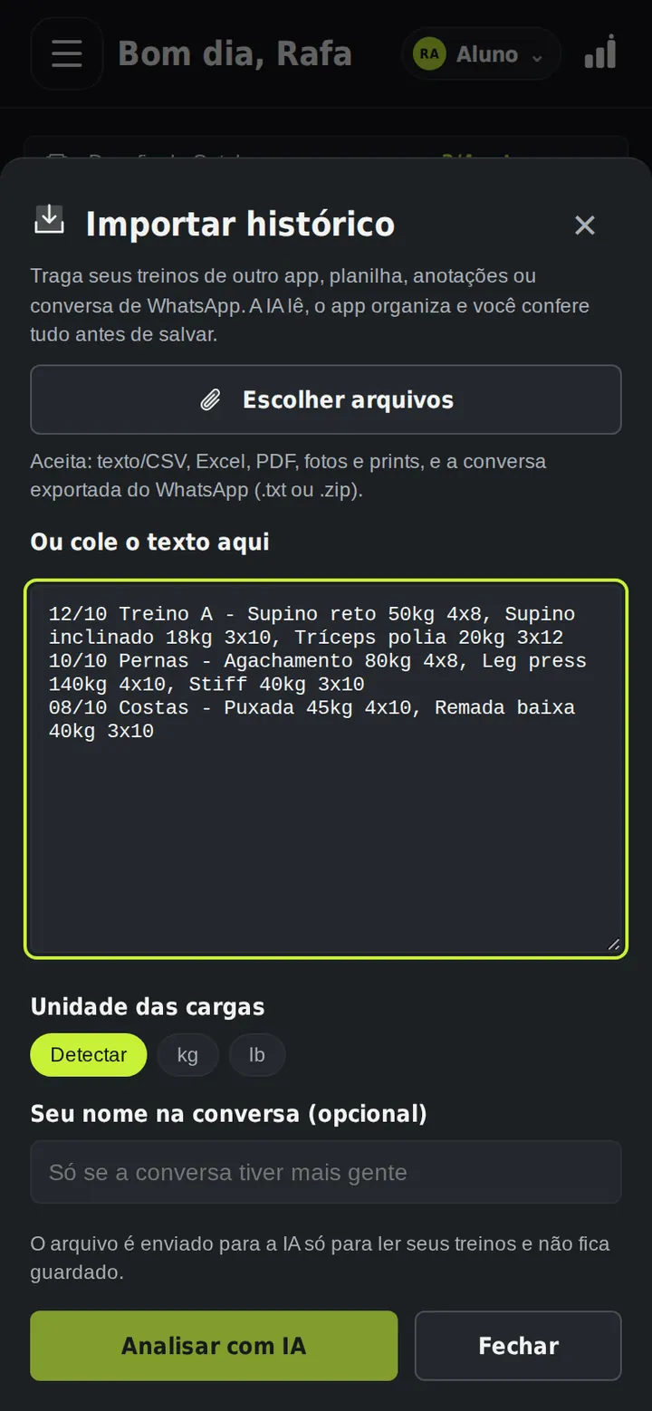 Tela de importação do Movo com um texto de treinos colado, pronto para a IA ler e organizar.