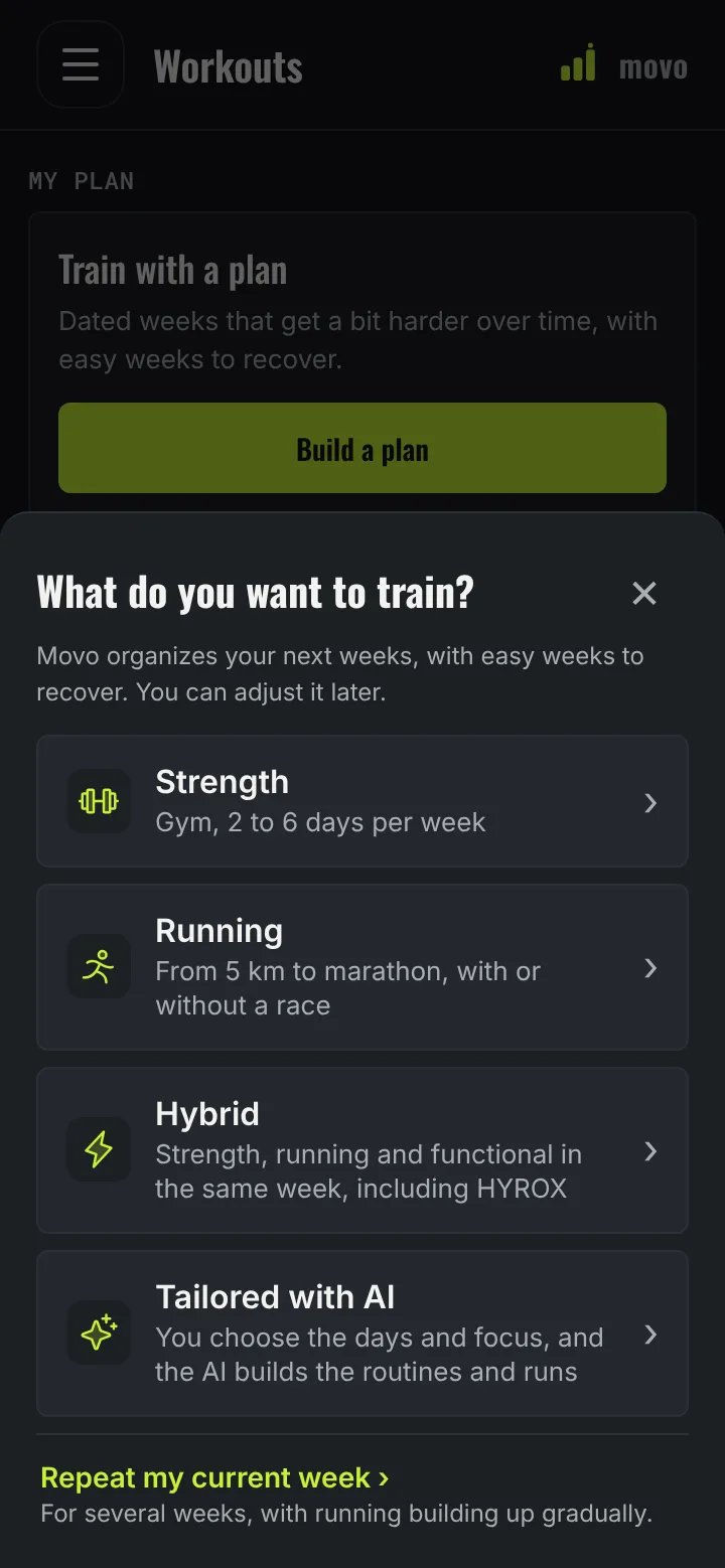 What do you want to train screen, with the options Strength, Running, Hybrid and Tailored with AI.