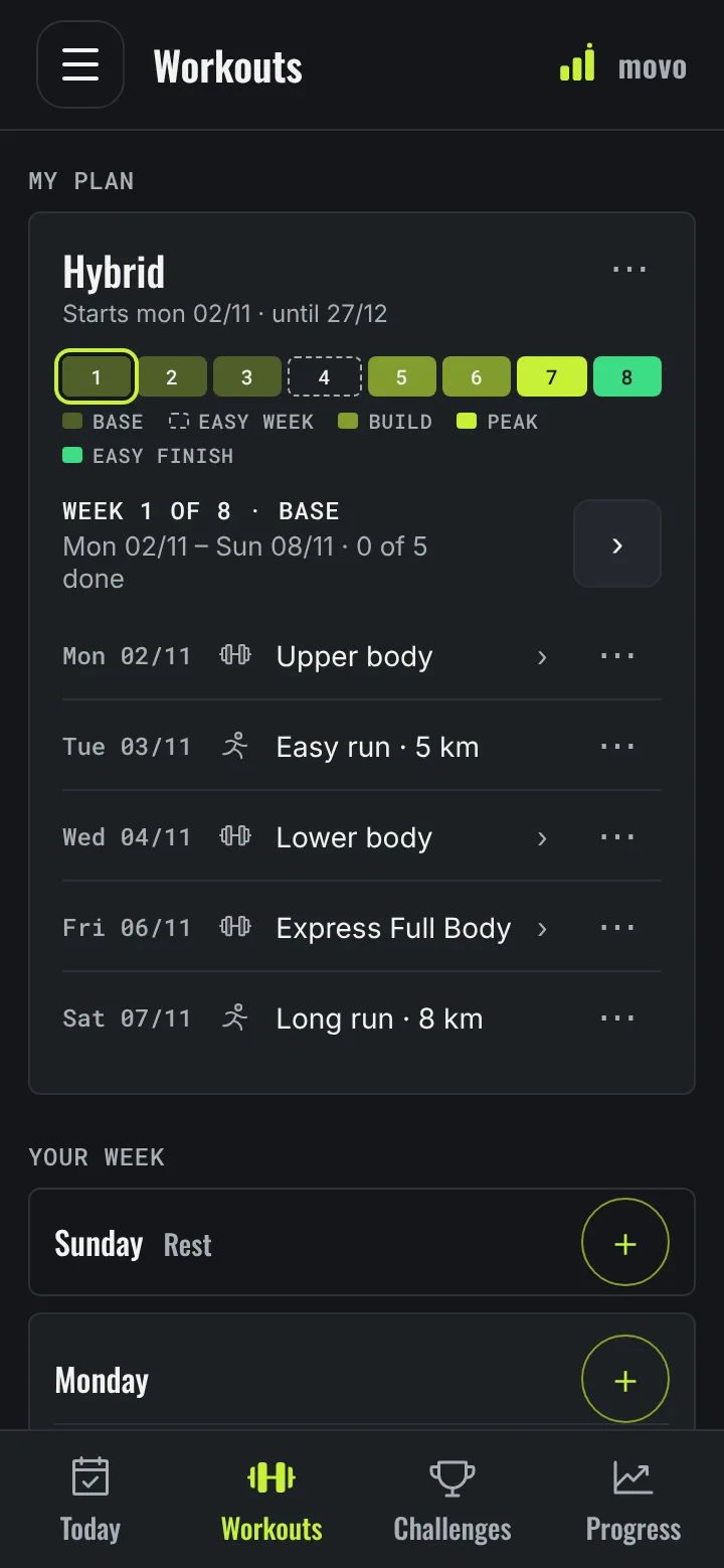Movo Workouts tab with an 8-week hybrid plan: phases, a deload week and the current week with strength workouts and runs.