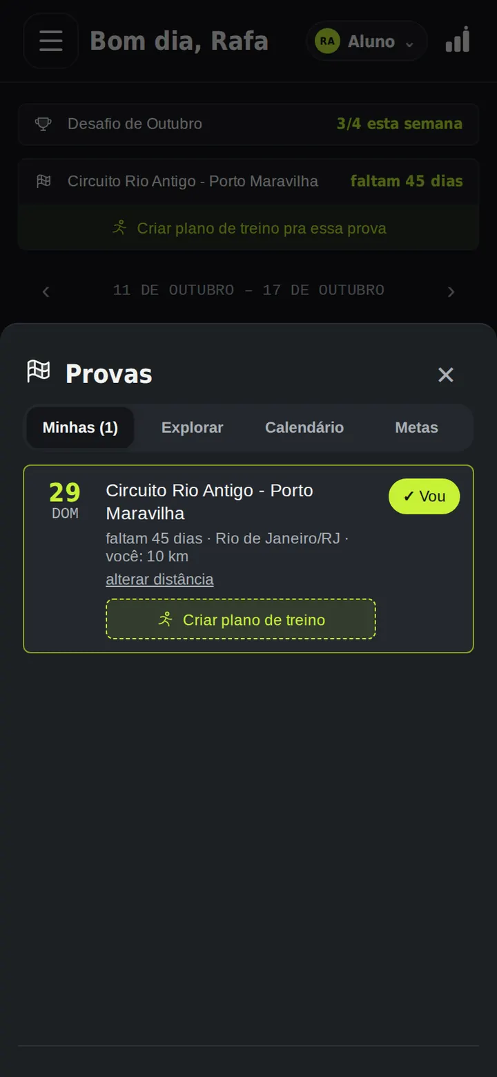 Prova marcada em Minhas provas, com a opção de criar um plano de treino.