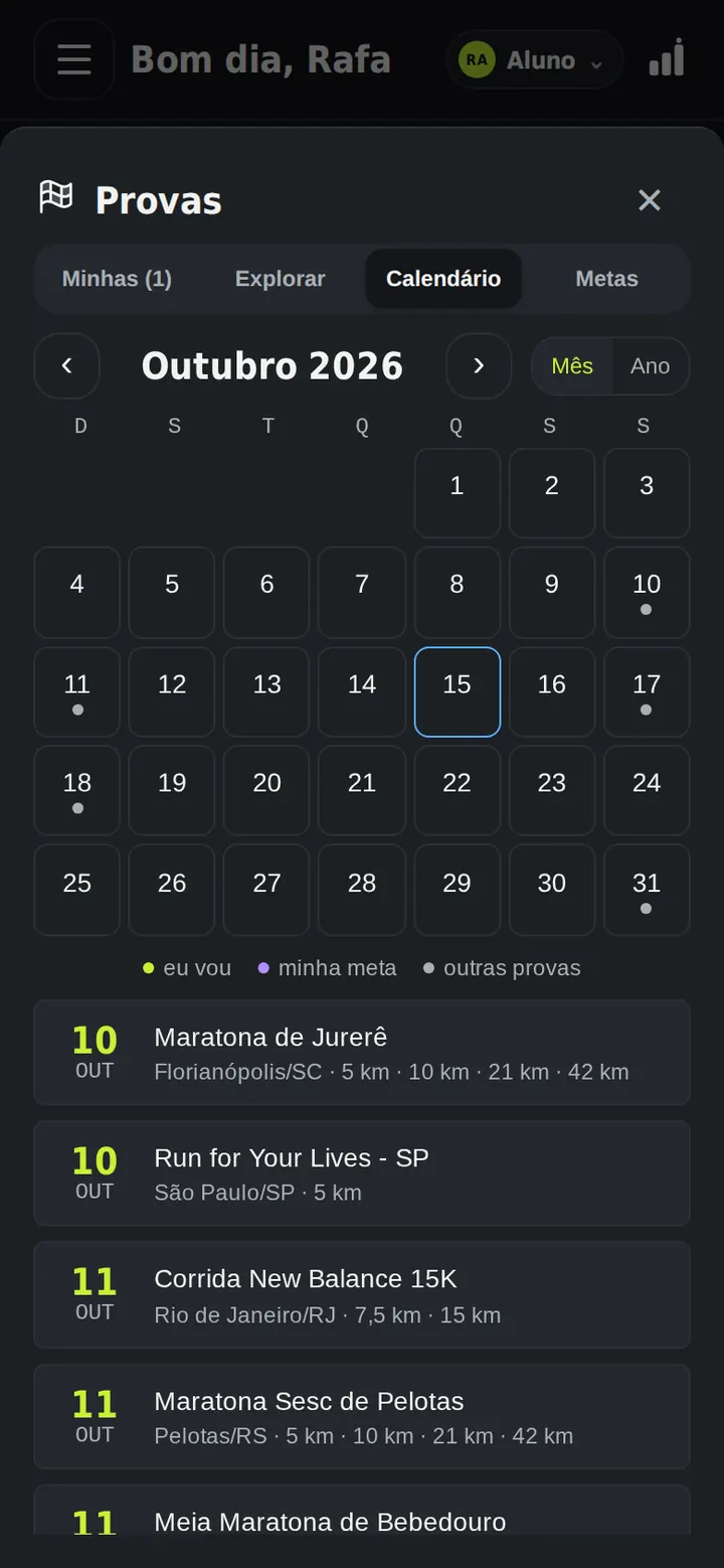 Calendário de provas de corrida no Movo, com a opção Vou nessa.