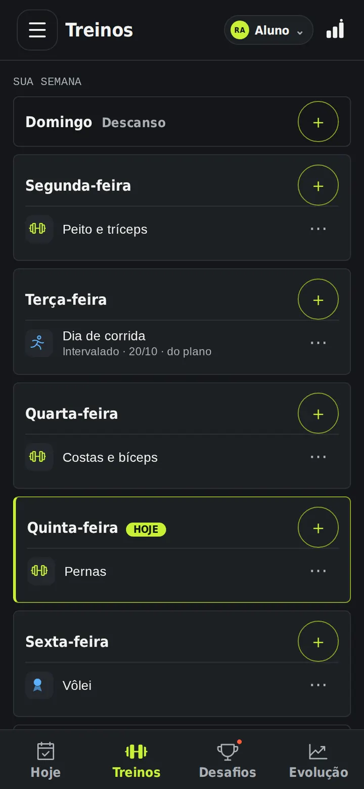 Agenda semanal do Movo com fichas de academia e atividades como corrida e vôlei.