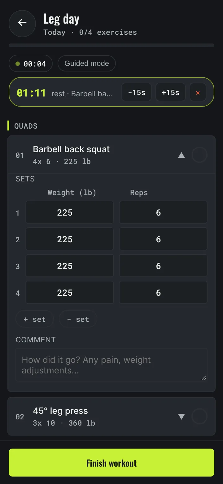 Leg workout in progress in Movo, with sets, weights, reps and the rest timer counting down.