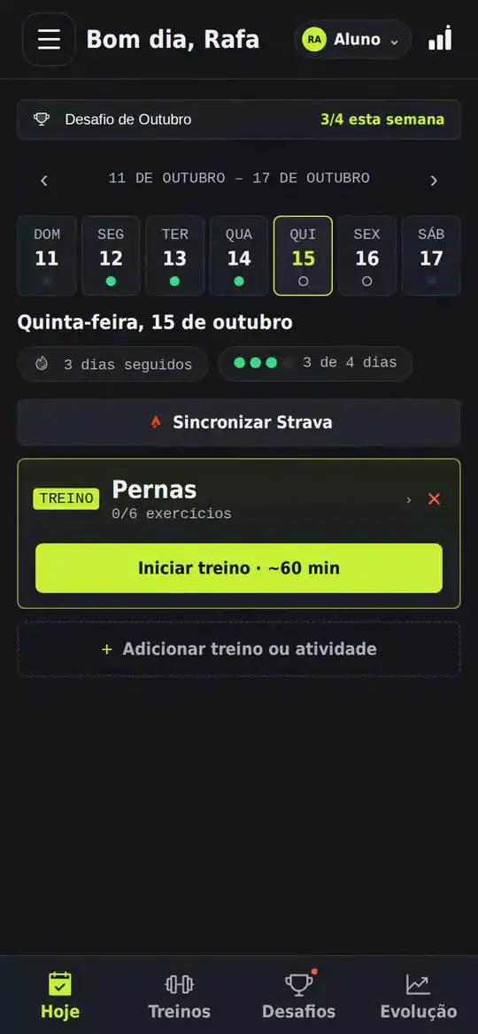 Tela inicial do Movo com o desafio da semana.