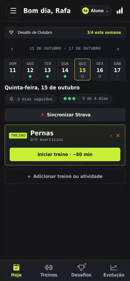 Tela do treino do dia no Movo com exercícios e o botão de iniciar.
